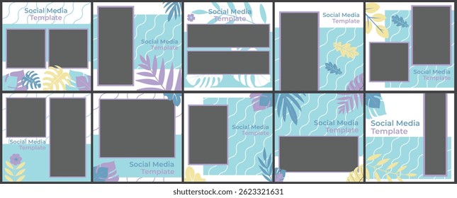 Square size Social media templates with nature theme, Instagram Feed Asset templates vector bright blue tones