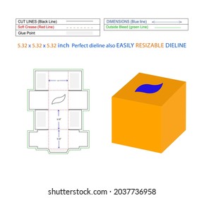 Square Size Tissue Box 5.32x5.32x5.32 Inch Box Dieline, Dieline Template And Packaging 3D Vector Design