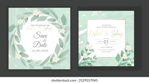 Square size Watercolor Wedding event Invitation card with Green Leaves and floral