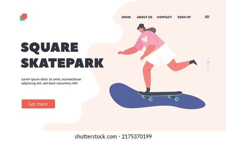 Square Skatepark Landing Page Template. Little Girl Skating and Jumping on Skateboard. Child Skateboarding Hobby. Kid Female Character Perform Stunts on Skate Board. Cartoon Vector Illustration