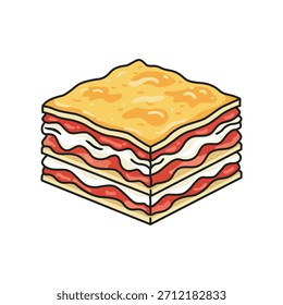 Fatia quadrada de lasanha em camadas com molho de carne e queijo derretido, ilustração vetor de comida italiana isolado.