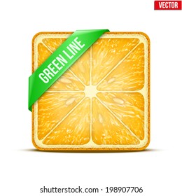 Square slice of orange with green ribbon. Juicy fruit icon. Isolated on white background. Vector Illustration.