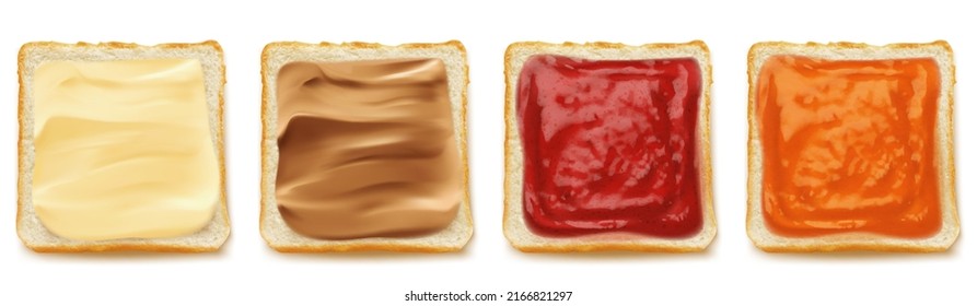 Square slices of bread for sandwich or toast with peanut butter or margarine, jam or marmalade 3D isolated vector set realistic illustration, top view, traditional breakfast food on white background.