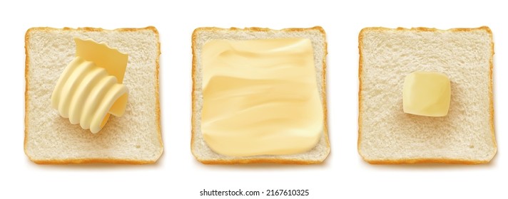 Square slices of bread for sandwich or toast with butter curl or rolled margarine 3D isolated vector set realistic illustration, top view, traditional breakfast food on white background.