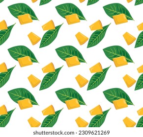 Viereckige Scheiben von Mango mit Blättern. Nahtloses Muster in Vektorgrafik. Geeignet für Hintergründe und Drucke.