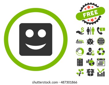 Square Smile pictograph with free bonus elements. Vector illustration style is flat iconic bicolor symbols, eco green and gray colors, white background.