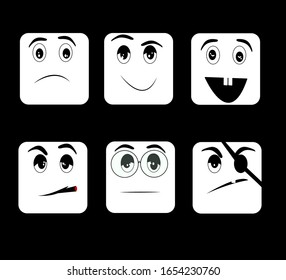Square smiles in black and white color. Stickers for web design.