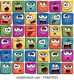 Square smiles. Vector colorful faces with cartoon emotions.