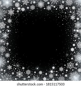 Square snowy frame. Cold blizzard, winter snowflakes and shiny glitter snow. Frozen border with ice particles around vector background illustration