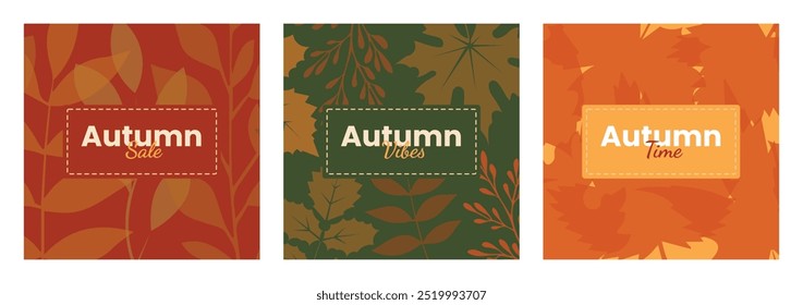 Square social media post backgrounds in warm autumn colors with floral fallen dry leaves frame and sale text lettering composition or copy space. Red vine, khaki green, orange. Promotion poster