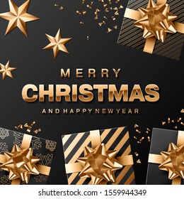 Square social media post or banner vector template black background. Merry Christmas and Happy New Year golden lettering with stars, confetti and gifts with bows.

