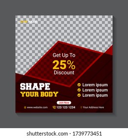 Square social media post banner template design. Promotional fitness gym web banner template  