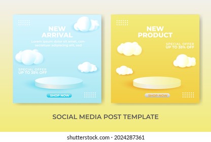 Square Social Media Post Template With 3d Podium And Clouds. Banner Sale Vector For Product Promotion. Modern And Professional.