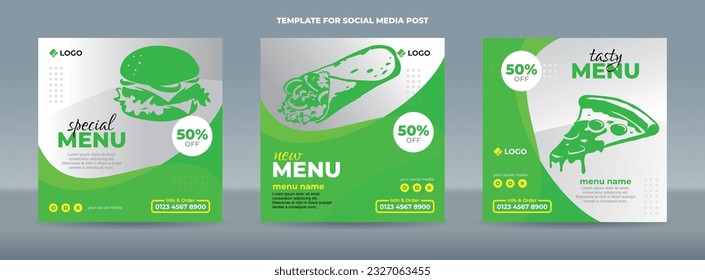 Square social media post template with white and green background for restaurant and food menu promotion