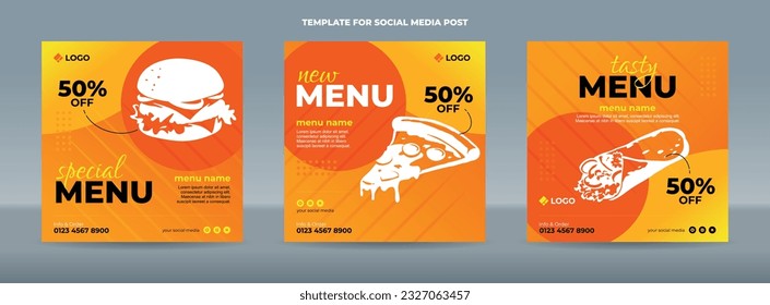 Square social media post template on orange background for restaurant and food menu promotion