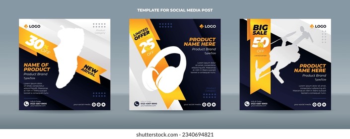 Square social media post template on dark blue gradation background with a gold ribbon for product promotion