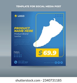 Square social media post template on simple blue gradation background with a yellow accent for product sale promotion