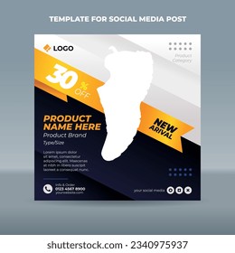 Square social media post template on dark blue gradation background with a gold ribbon for product promotion