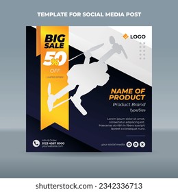 Square social media post template on dark blue gradation background with a gold ribbon for product promotion