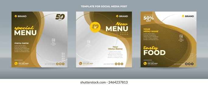 Square social media post template with greenish brown curve element background for restaurant and food menu promotion