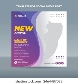 Square social media post template with transparent purple curve on the left side of a white background. Suitable for product promotion or product launches