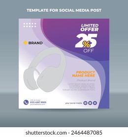 Square social media post template with transparent purple curves on the top right side of a white background. Suitable for product promotion or product launches