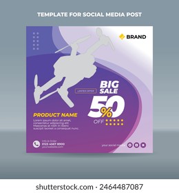 Square social media post template with transparent purple curve on the left bottom side of a white background. Suitable for product promotion or product launches