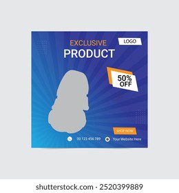 Plantilla cuadrada de publicación de redes sociales sobre fondo de gradación azul simple con un acento amarillo para la promoción de venta de productos