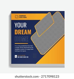 A square social media post template for real estate, featuring a dark blue and bright orange or yellow color scheme.