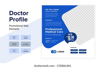 Square social media web design in blue colors. Doctor social media web banner template for promotional purpose. Doctor profile social media web banner post design layout.