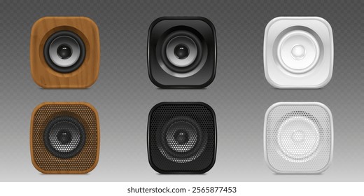 Sistemas de altavoces de sonido cuadrados en diseños de caja de madera, blanco y negro, con superficie lisa y rejilla de malla perforada protectora. Conjunto de Vector 3D realista de dispositivos acústicos inalámbricos portátiles.