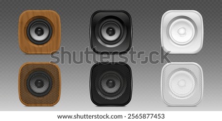 Square sound speaker systems in wooden, black and white box designs - with smooth surface and protective perforated mesh grille. Realistic 3d vector set of portable wireless acoustic devices.