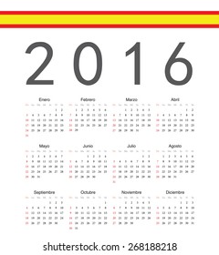 Square spainish 2016 year vector calendar. Week starts from Sunday.