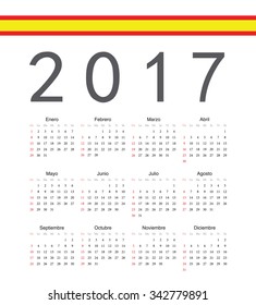 Square spainish 2017 year vector calendar. Week starts from Sunday.