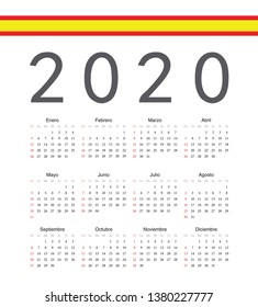 Square spainish 2020 year vector calendar. Week starts from Sunday.