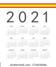 Square spainish 2021 year vector calendar. Week starts from Sunday.