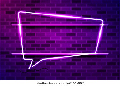 Square speech bubble glowing neon sign or LED strip light. Realistic vector illustration. Purple brick wall, violet glow, metal holders.