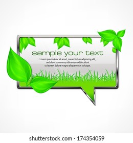 Square speech bubble with green leaves on white, vector illustration