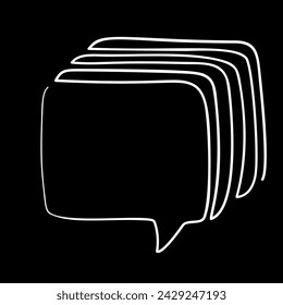 Square speech bubble one line drawing, White continuous line curving in the shape of a speech bubbles in many layers with space for text, Vector template illustration on a black background
