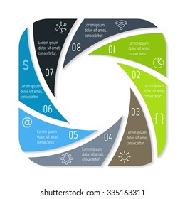Square spiral infographic diagram with rounded corners. Circular connected chart with 8 options. Progress steps for tutorial. Business concept sequence banner, process layout. EPS10 vector.