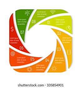Square spiral infographic diagram with rounded corners. Circular connected chart with 8 options. Progress steps for tutorial. Business concept sequence banner, process layout. EPS10 vector.