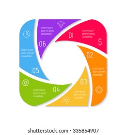 Square spiral infographic diagram with rounded corners. Circular connected chart with 6 options. Progress steps for tutorial. Business concept sequence banner, process layout. EPS10 vector.