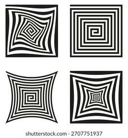 Quadratische Spiralformen. Konzentrische op Art. Illusionsmuster Vektorsatz. Schwarz-Weiß-Grafik.