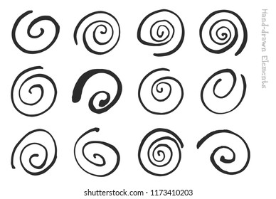 Square spirals, hand-drawn vector set of logo lelements isolated on white