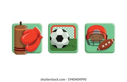 Square Sport Icons Set, Baseball, Boxing, Football Flat Vector Illustration