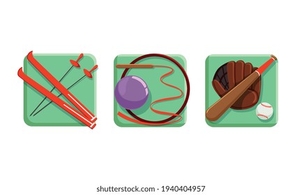 Square Sport Icons Set, Skiing, Rhythmic Gymnastics, American Football Flat Vector Illustration