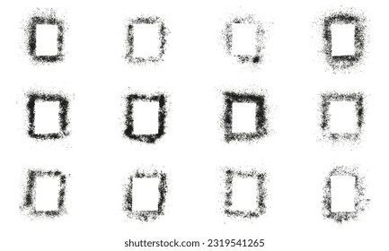 Square Spray Frame Set. Black Grunge Border with Grainy Texture Collection. Paint Brush Grain in Rectangle Shape on White Background. Abstract Graphic Design Element. Isolated Vector Illustration.