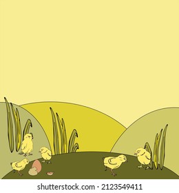 Square spring background with chickens, eggs, grass and meadow. Festive decoration. Garden Ecology Concept Detailed Background Illustration. Easter banner.
