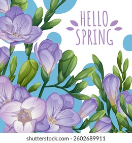 Square Spring Card with Purple Freesia and Delicate Greenery. Floral Design for Mother’s Day and Seasonal Celebrations. Perfect for Banners, Social Media. Vector Illustrations.