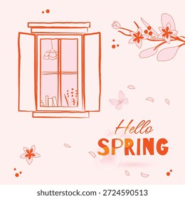 Cartão de saudação de primavera quadrada em tons suaves rosa com uma janela de doodle mínima com detalhes interiores, pétalas flutuantes, ramo floral e bolhas transparentes em um estilo moderno claro